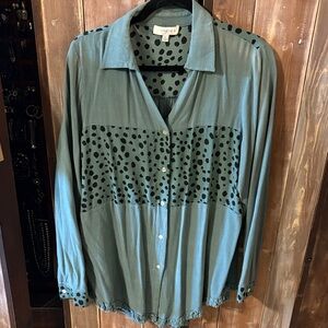 Umgee Teal Button Down Shirt with Black Polka Dots